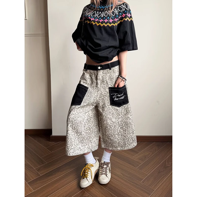 

YIBASHU Women Leopard Jeans Vintage Harajuku Y2k Baggy Calf Length Jean Pants Japanese 2000s Style Oversize Grunge Denim Clothes
