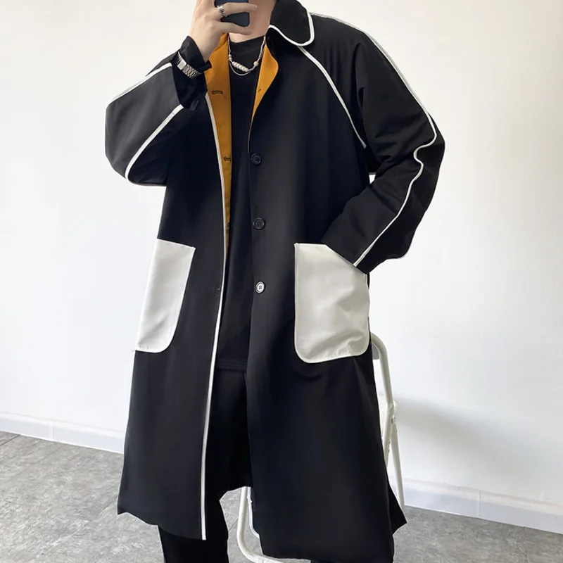 Autumn Menswear Personality Color Block Spliced Pockets Long Trench Coat Lapel Men's Windbreak Korean Retro Coat With Belt