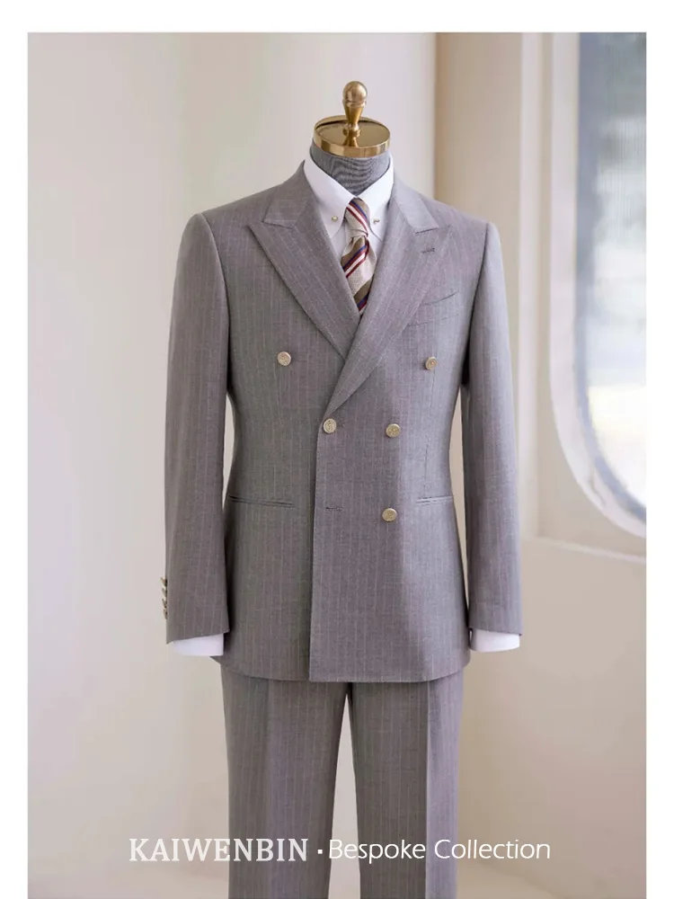 Men's 100% Wool Double Breasted Pinstriped Suit 2-Piece Slim Fit Lapel Suitable For Formal Work Office Wedding Party Outfit