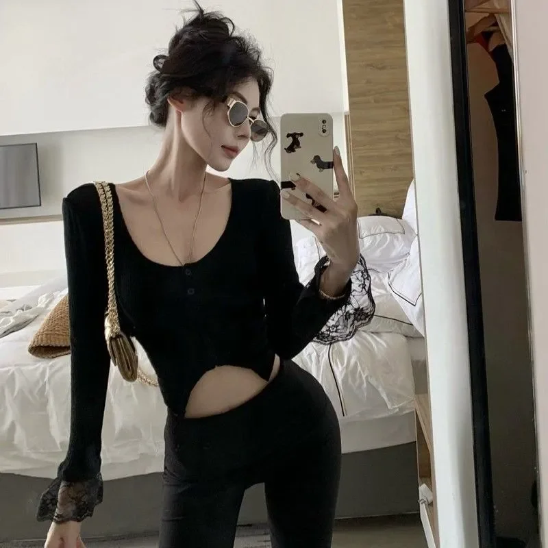 Y2K Spicy Girl U Neck Long Sleeve Top Lace Cuff Slim Fit Cropped T Shirt Women Casual Daily Wear