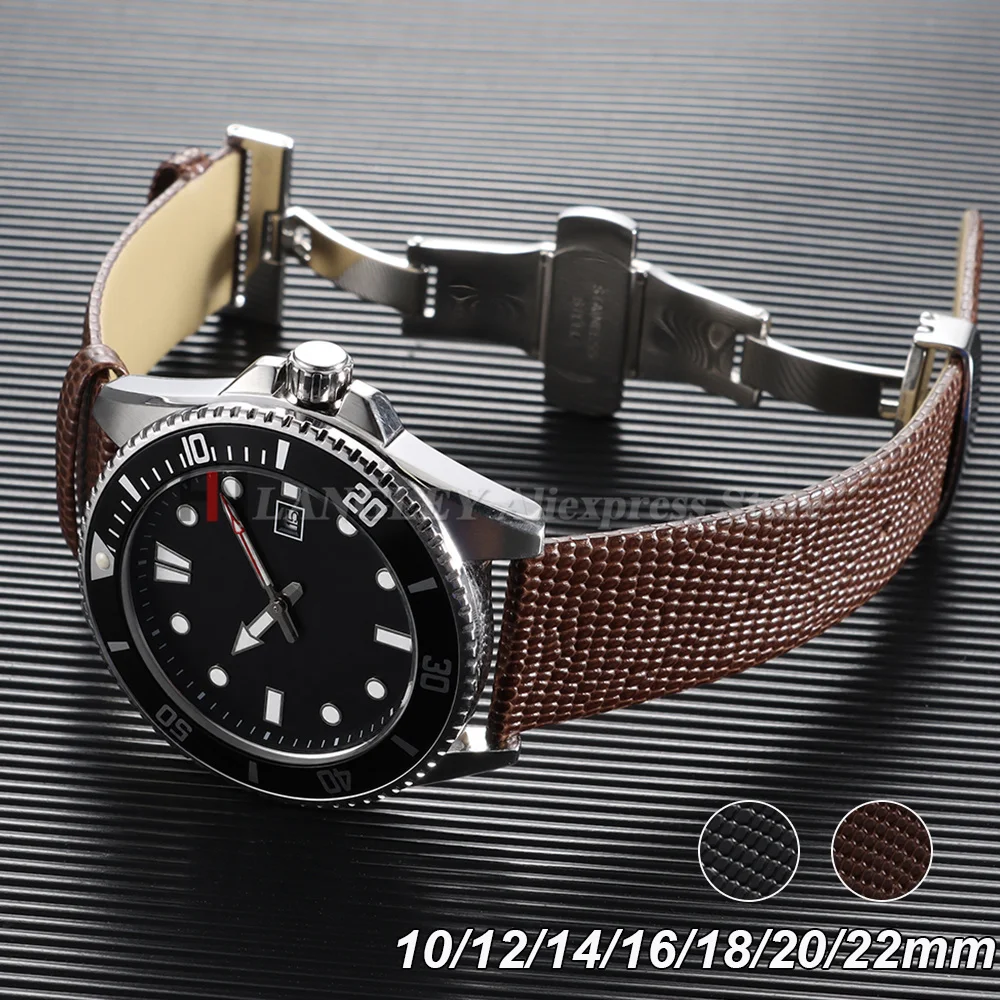 10/12/14/16/18/20mm/22mm Cowhide Leather Watch Band Lizard Pattern Watch Straps Ultra-Thin Bracelet Butterfly Buckle Brown Black