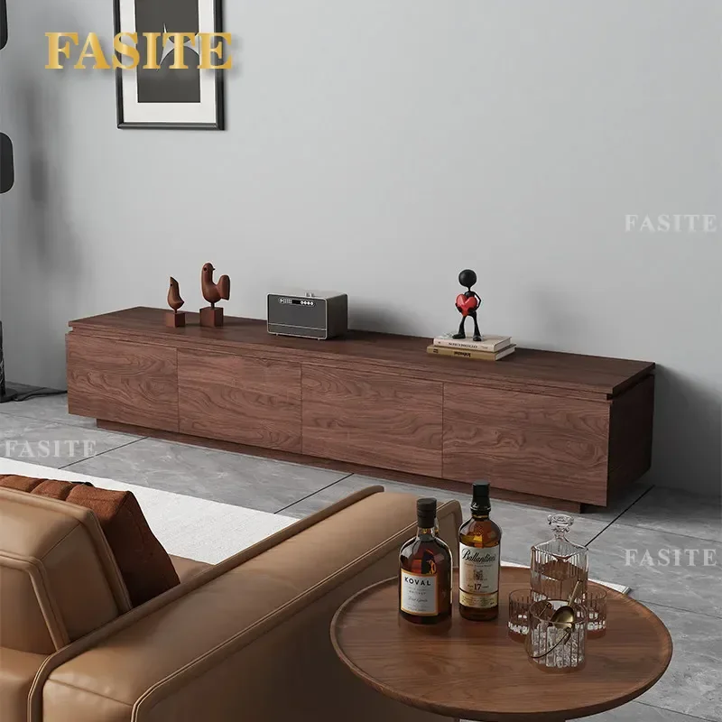 For Nordic Walnut Solid Wood TV Cabinet Wabi Sabi Style Storage Unit Simple Floor Console with Drawers for Small Apartment