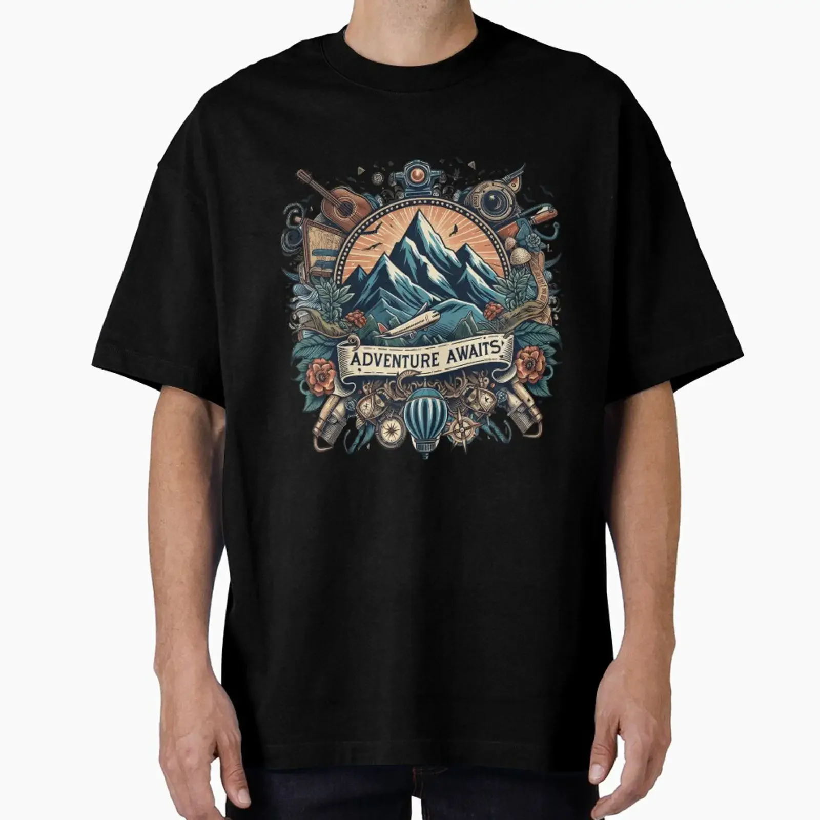 Mountains With The Inscription Adventure Awaits designed and sold by M R Design vintage Washed Versatile Top For Everyday Wear