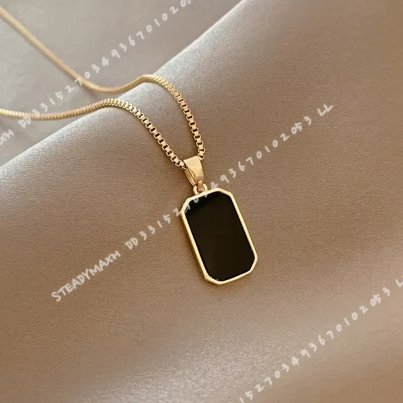 316L Stainless Steel Minimalist Rectangular Pendant Necklace Korean Black Epoxy Gold Tone Long Chain Exquisite Jewelry Gift