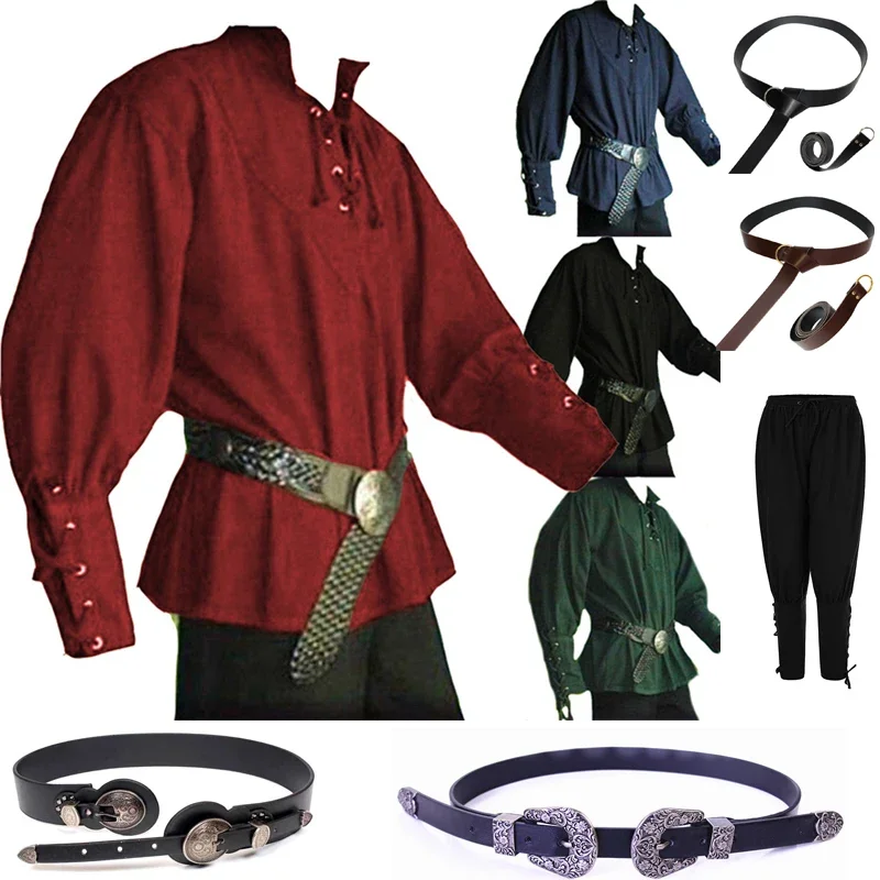 Men Medieval Renaissance Grooms Pirate Reenactment Larp Costume Lacing Up Shirt Bandage Top Middle Age Clothing Adult Pants Belt