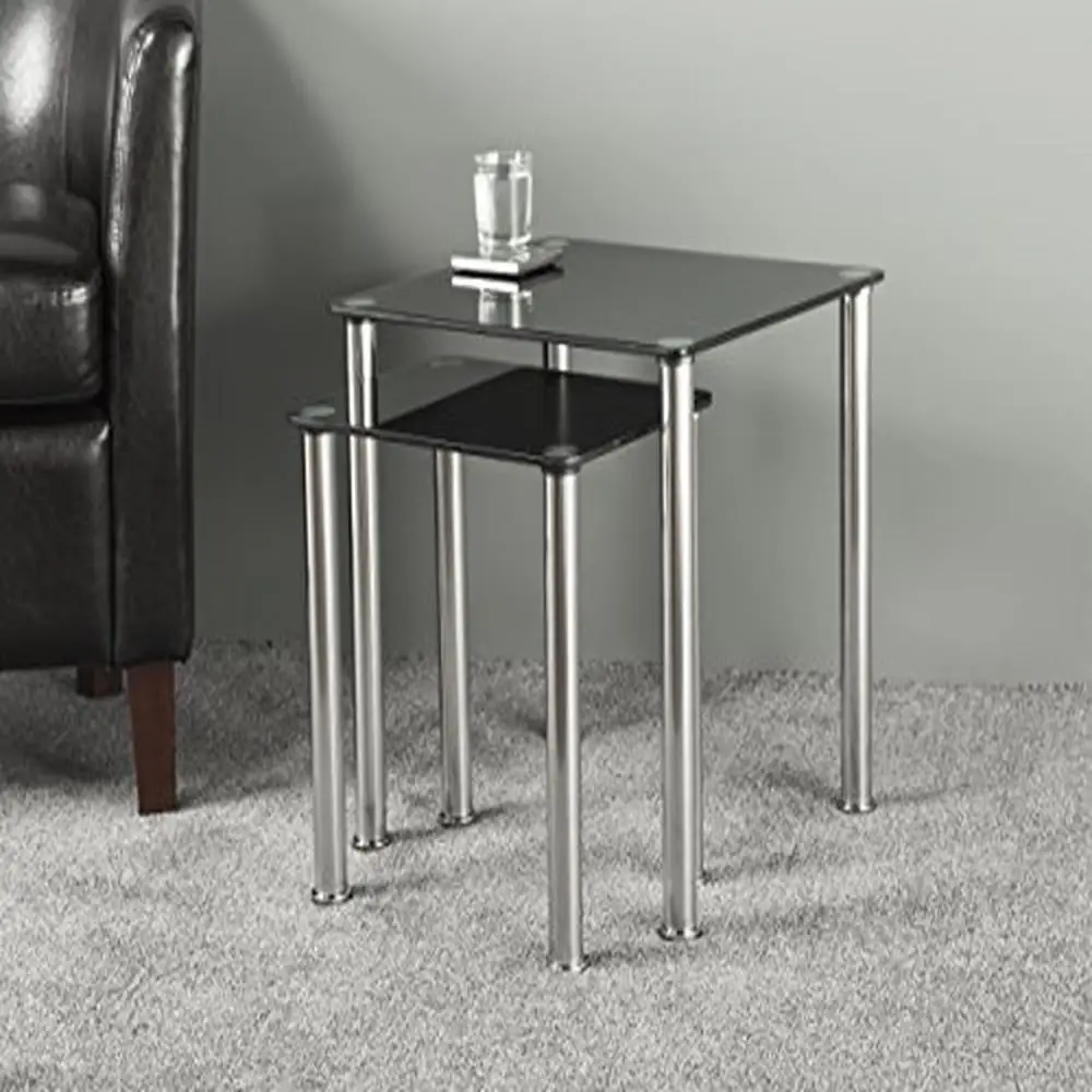 Nesting Steel Glass End Tables Set of 2 Black Chrome Square Side Table Top Tempered Metal Frame 17.7