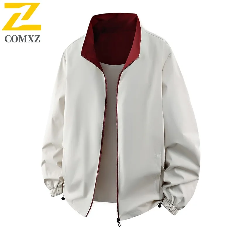 سترة رجالية كاجوال بياقة واقفة من COMXZ سترات ركوب الدراجات النارية مقاومة للرياح لون نقي معطف خريفي مريح حضري #4
