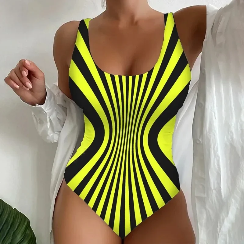 Bañador de una pieza con estampado a rayas para mujer, traje de baño acolchado con realce, Espalda descubierta, cuello en V, ropa de playa, XS-5XL