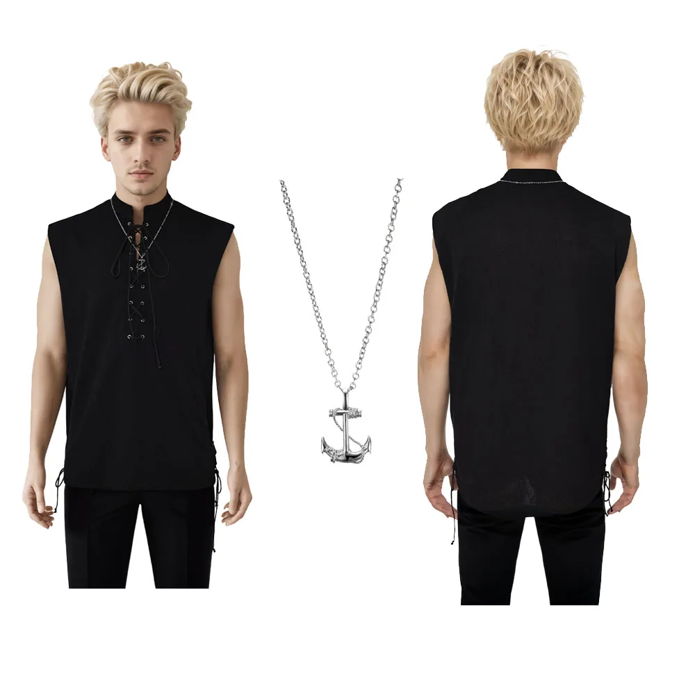 Middle Ages Man Pirate Cosplay Sleeveless Shirt Two-piece Set Decorative Necklace Costume Outfits Halloween Carnival Suit