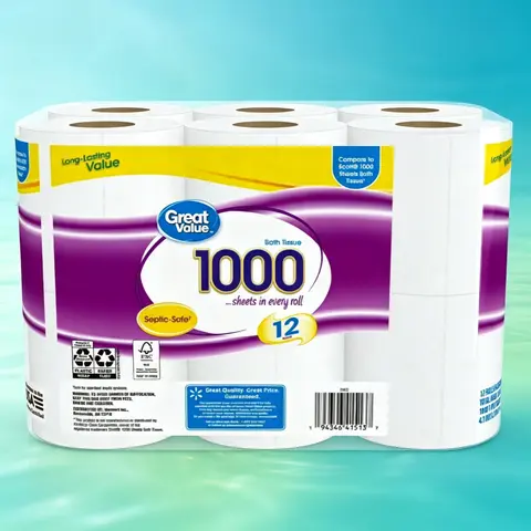 ICUTE-Great Value Toilet Paper, 1000 Sheets per Roll, 12 Rolls
