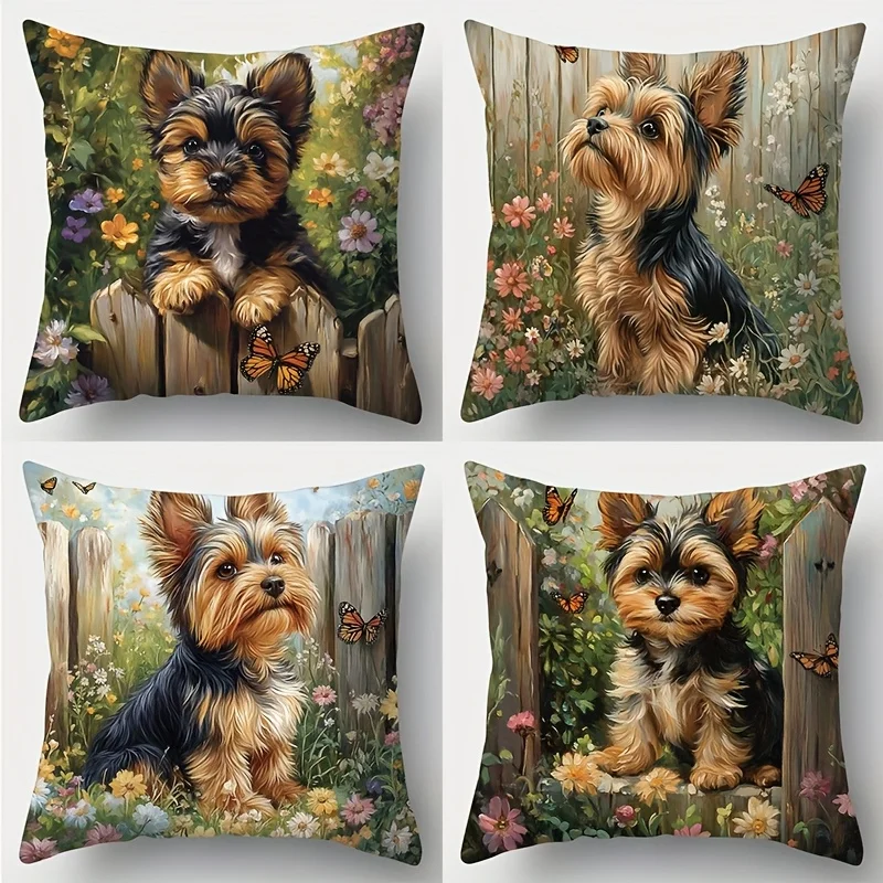 4Pcs Yorkshire Terrier Pillow Covers 45x45cm Double-sided Printed Puppy Dog Cushion Cases Floral Garden Home Decor Throw Pillows
