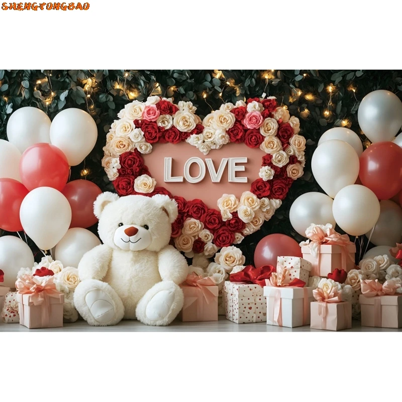 Valentine's Day Party Backdrop Red Rose Love Heart Balloons Background Banner Wedding Anniversary Bridal Shower Party Decoration