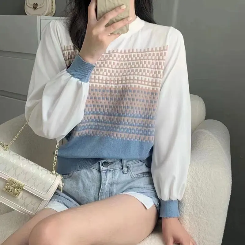 Fashion Plaid Gradient Knitted Shirt Women's Clothing Long Sleeve Commute Spring Autumn Casual Spliced Round Neck Loose Blouse