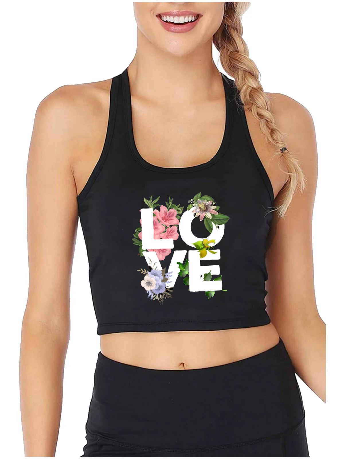 Love Is A Floral Spring Design Quality Cotton Sexy Fit Crop Top Valentines Day Fashion Novel Tank Tops Leisure Sports Camisole