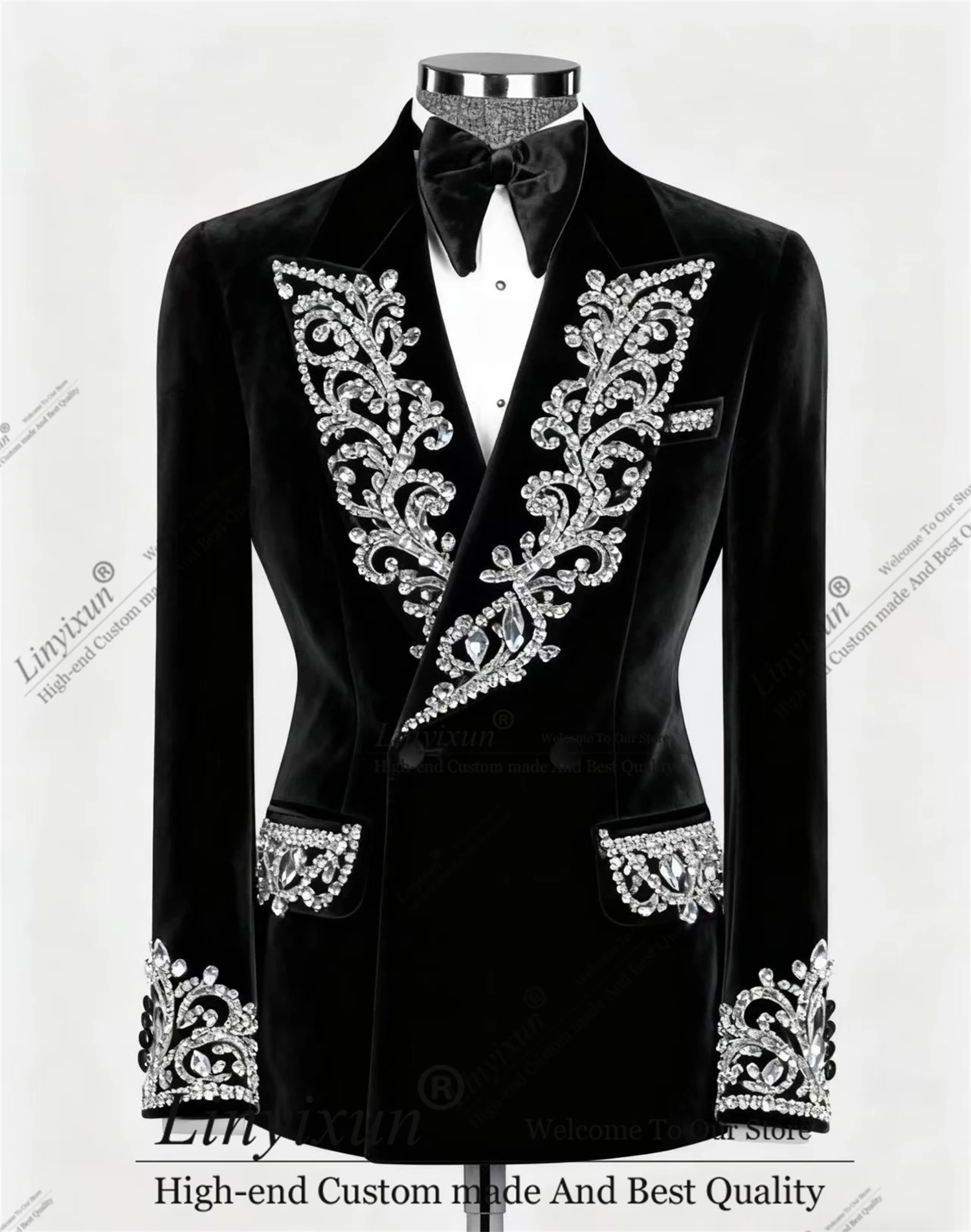 The Latest Design Rhinestone Gem Men Suits Customized Ropa Hombre 2 Pieces Sets Groom Tuxedos Wedding Male Party Prom Blazer