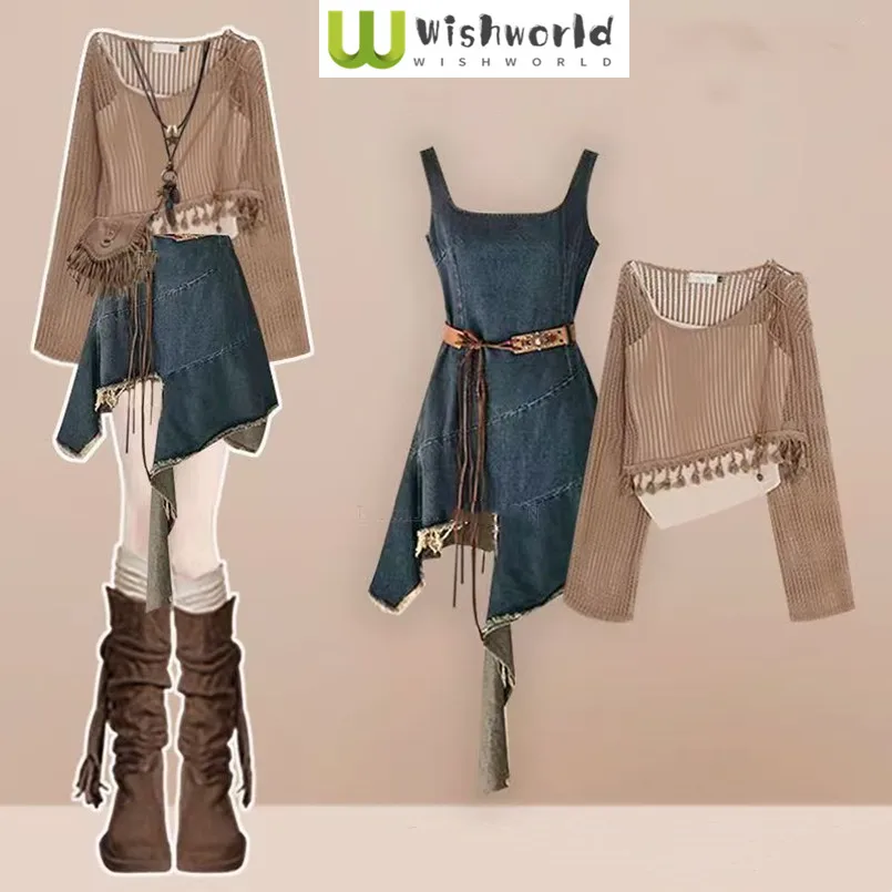 

Весенне-осенняя корейская версия, полый топ в стиле ретро, жилет, джинсовая юбка, элегантный женский комплект из трех предметов