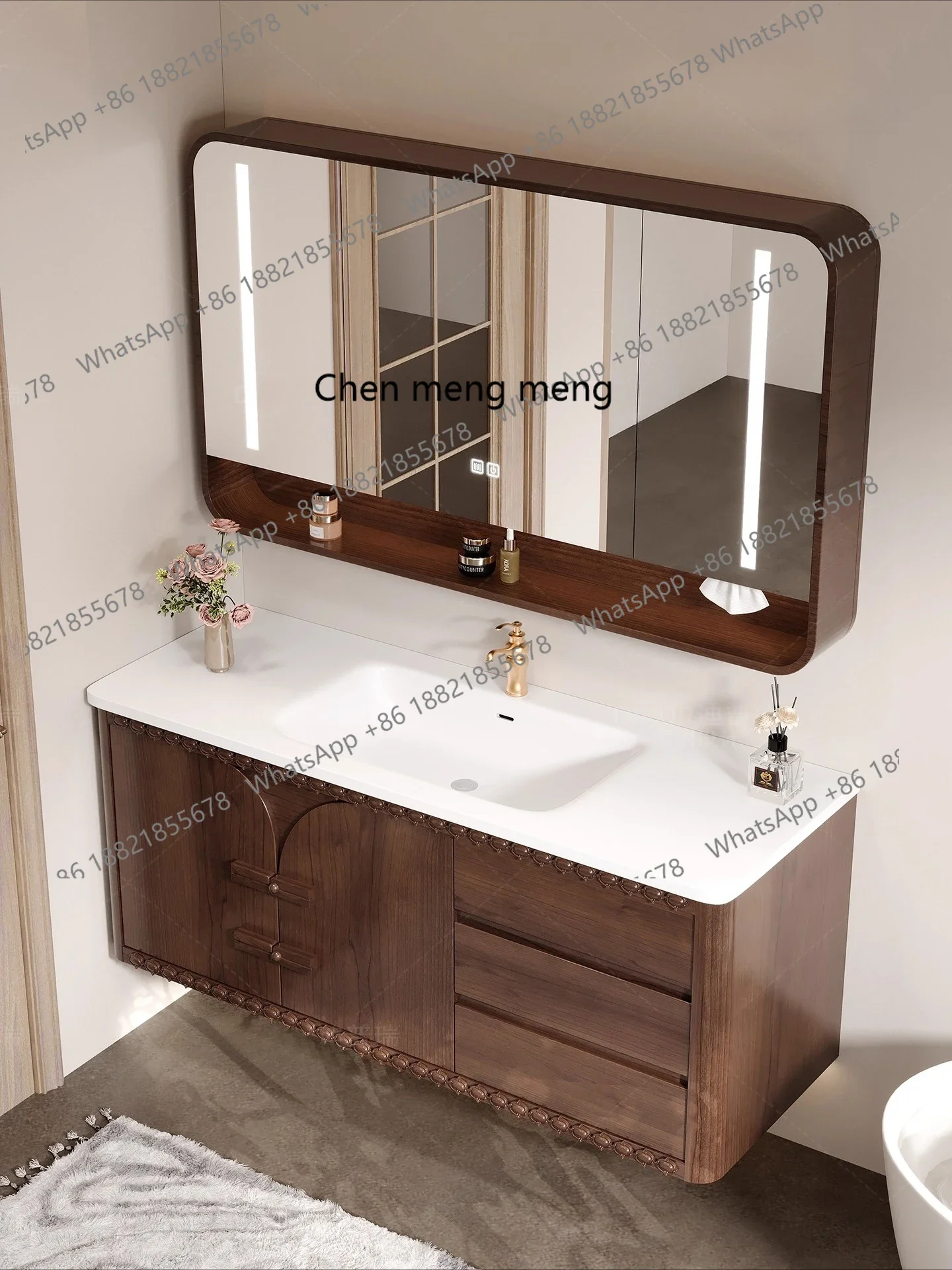 X Log Walnuss Corian Keramik integriertes Waschbecken moderne neue chinesische Badezimmerschrank-Kombination