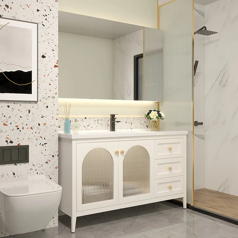 

French oak floor-to-ceiling bathroom cabinet, smart mirror, washstand, wash sink, rice milk, white warm setting combination