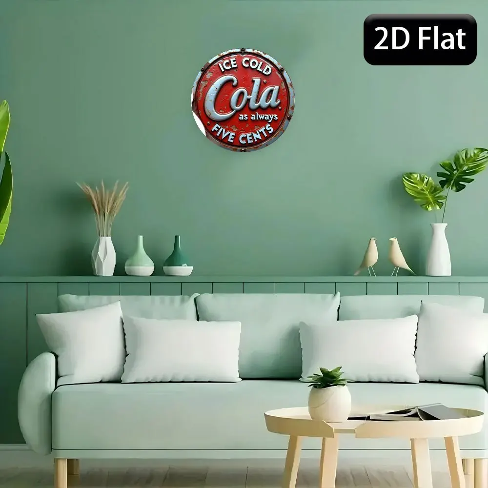 2D Flat, 1pc of Vintage Cola Sign Wall Art, 8.0inch Round Metal with a Rustic End, Featuring a Retro Design That Says 'ICE COL
