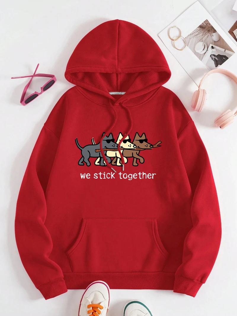 

Cartoons Dogs Hoodie Womens We Stick Together Letter Prints Streetwear Fleece Warm Pocket Loose Sportswear Winter Woman Clothes
