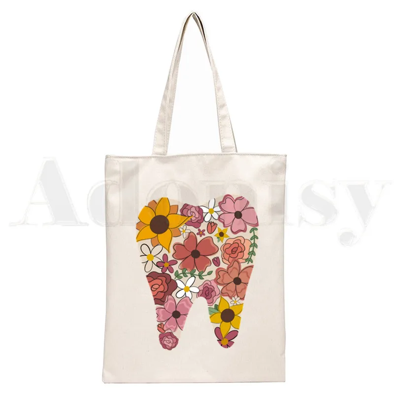 Bolsa de ombro de lona para mulheres e meninas, bolsas engraçadas, bolsa de compras casual elegante, dente e dentista estética gráfica