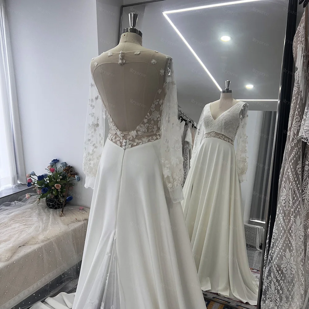 Mryarce Eleganz 3d Blumen v Hals eine Linie Seite Schlitz Brautkleider Brautkleider mit abnehmbaren Ärmeln – Detail 10
