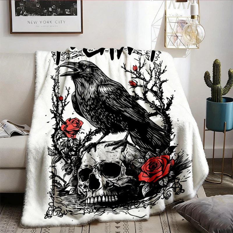 F-Caw-F Funny Crow Flannel Blanket, Gothic Raven Skull Flannel Throw, Vintage Tattoo Cozy Blanket