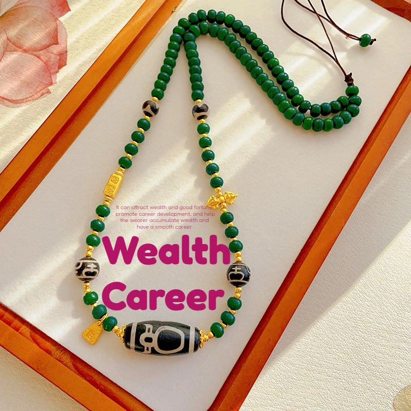天然瑪瑙天珠ペンダントグリーンネックチェーンロングジービーズ-‌-ペンダント女性男性ネックレス幸運平和ジュエリーお守り