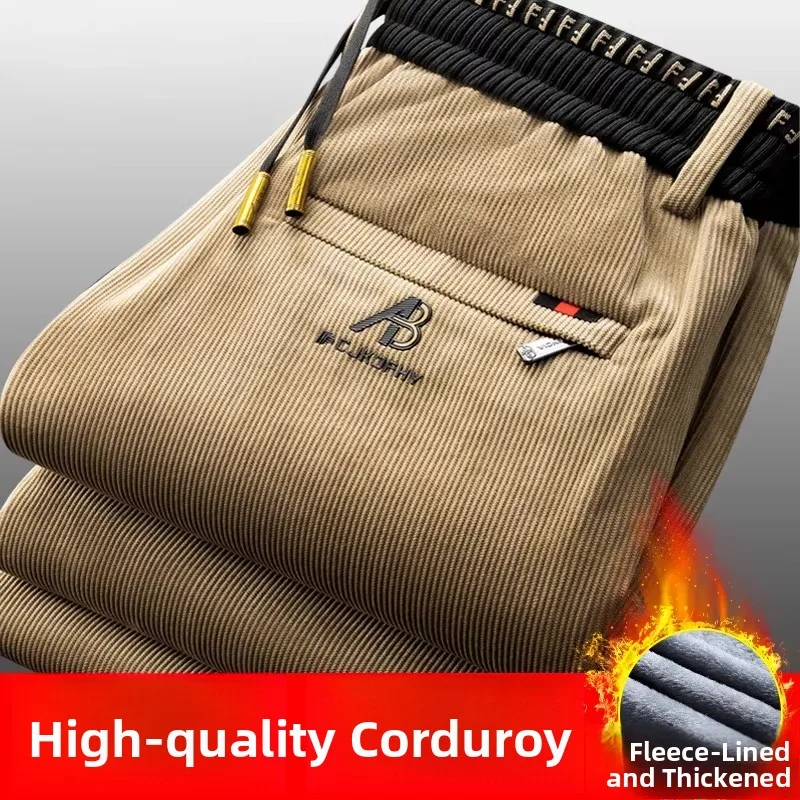 Men's Casual Straight Leg Corduroy Sweatpants Thickened Fleece Warm Loose Fit Autumn Winter Polyester Fiber Anti-Wrinkle
