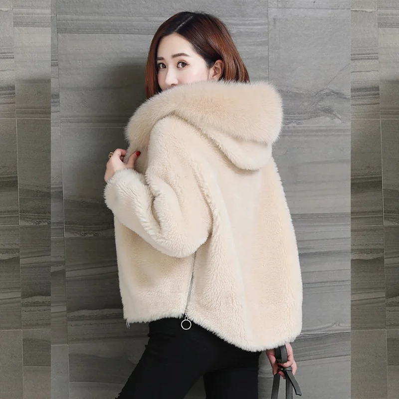 Grain Velvet Coat Women's Hooded Faux Fur Sheep Shearling Coat Large Fur Collar Short Imitation Wool Grain Coat