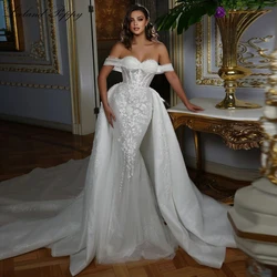 Lceland-vestidos de novia de sirena con cuello de barco de amapola, Apliques de encaje con cuentas, vestidos de novia transparentes con tren desmontable