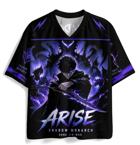 2027 Men Lightning Sung Jin-Woo Shadow Monarch Mesh V-Neck Soccer Jersey Streetwear Loose Sport Tee Gothic Otaku Casual Outfit