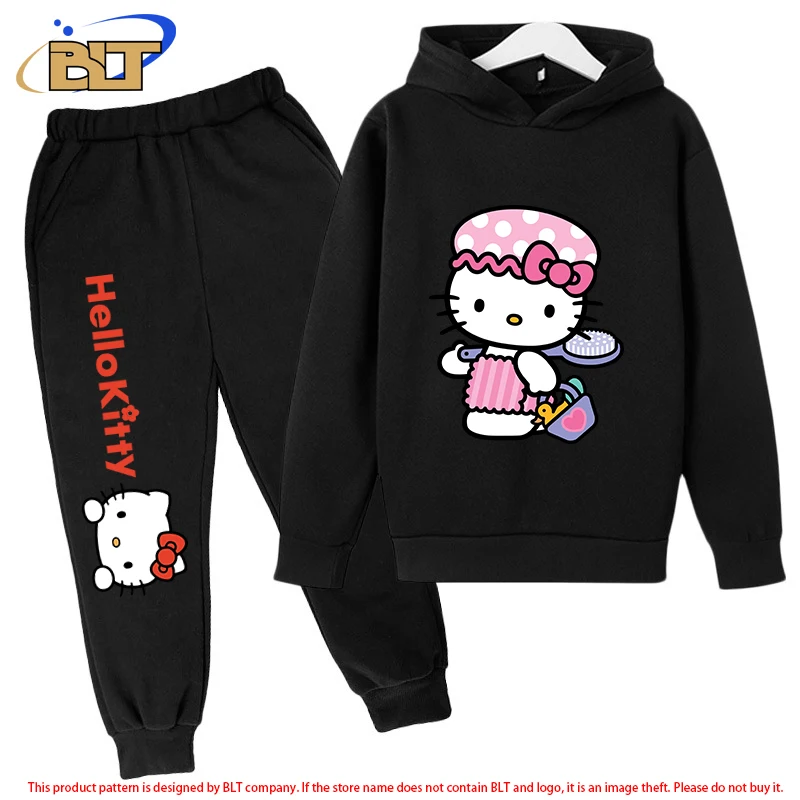 HeIIoKitty children's fleece hoodie set black sports sweatshirt pants 2-piece set suitable for boys and girls