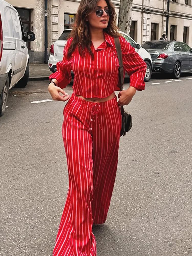 

Casual Striped Short Shirt Pants Sets Women Long Sleeve Lapel Button Cropped Top Loose Lace Up Trouser 2025 Summer Lady Outfits