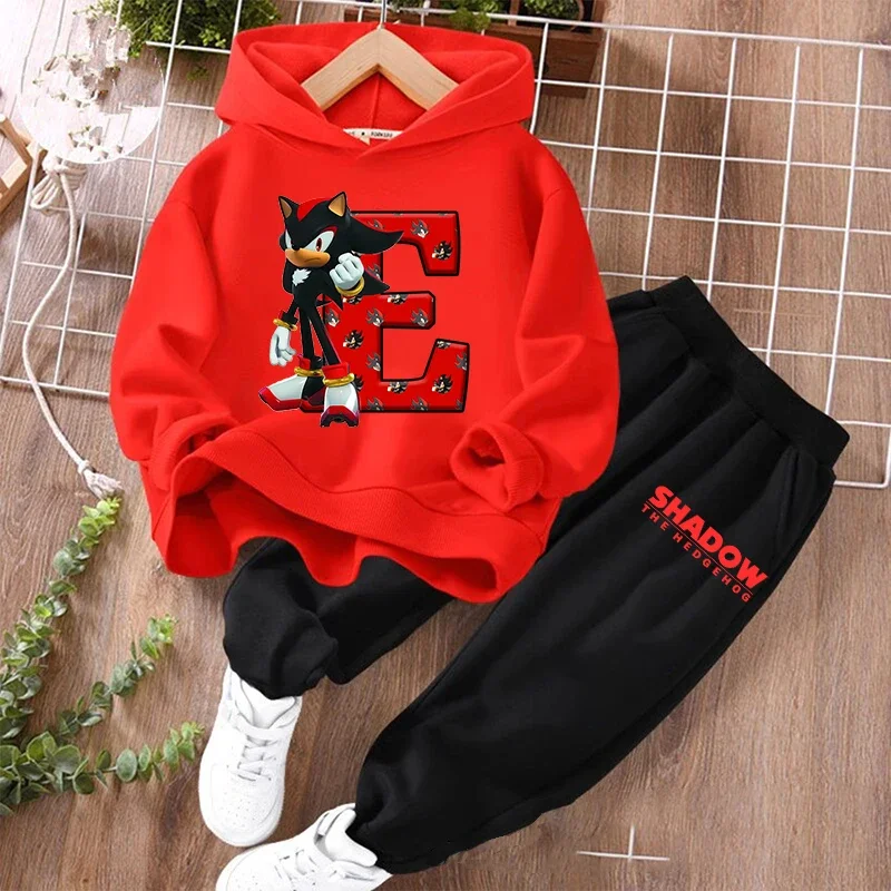 2pcs Sonics Children's Tracksuit Set Anime Shadow Printed Letter Spring Sweatshirt Suit Hoodies Sweatpants Kids Clothing Gift