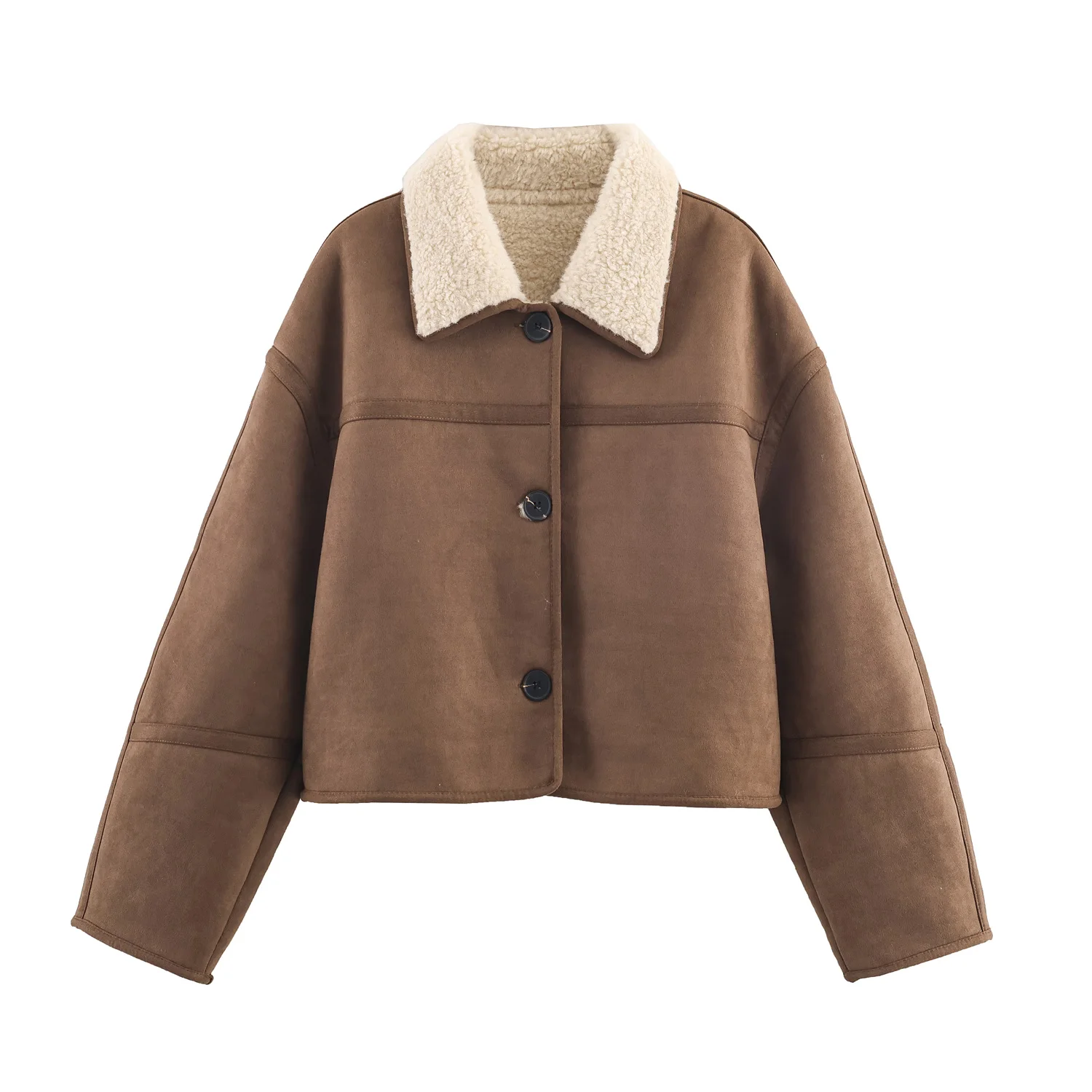 

5 цветов, 2025 г., зимнее винтажное пальто из искусственной замши с двусторонним мехом, кофейное женское пальто с лацканами и открытыми пуговицами, короткая свободная верхняя одежда с длинными рукавами