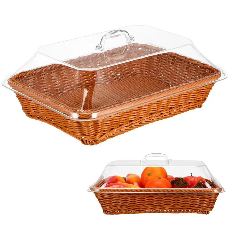 

NEW Basket Imitation Rattan Bread Basket With Lid Woven Tabletop Food Serving Basket Fruit Basket For Restaurant Kitchen Picnic