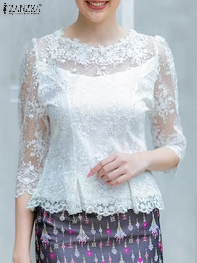 

ZANZEA Summer Lace Tops Vintage Hollow Out Floral Blusas Women Blouse 3/4 Sleeve O Neck Tunics 2025 Casual Transparent Pullover