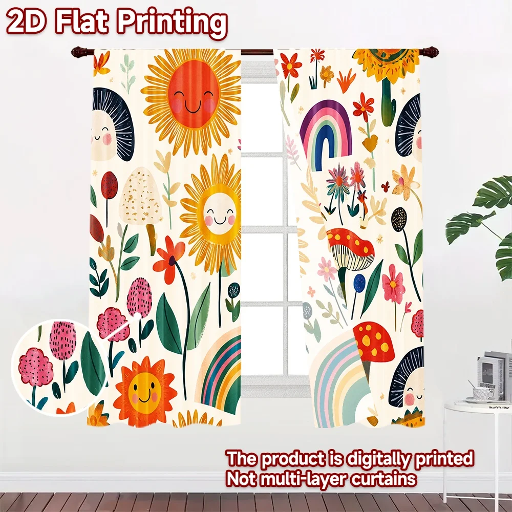 2D flat 2pcs Curtain Retro Country Style Curtains Sunny Flowers and Mushrooms Digitally printed polyester Birthday Party for