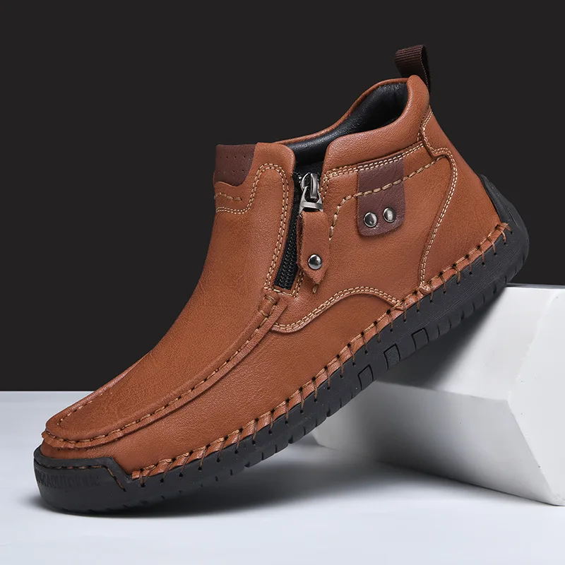 Hot Sale Large Size Men Shoes Outdoor Casual Slip On Flat Hand Stitched Leather High Top Boots