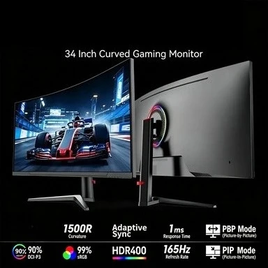 FY 34 Inch 21:9 Ultrawide Curved Gaming Monitor 3440x1440 4K 144Hz LED Display for PC Desktop & Office Use