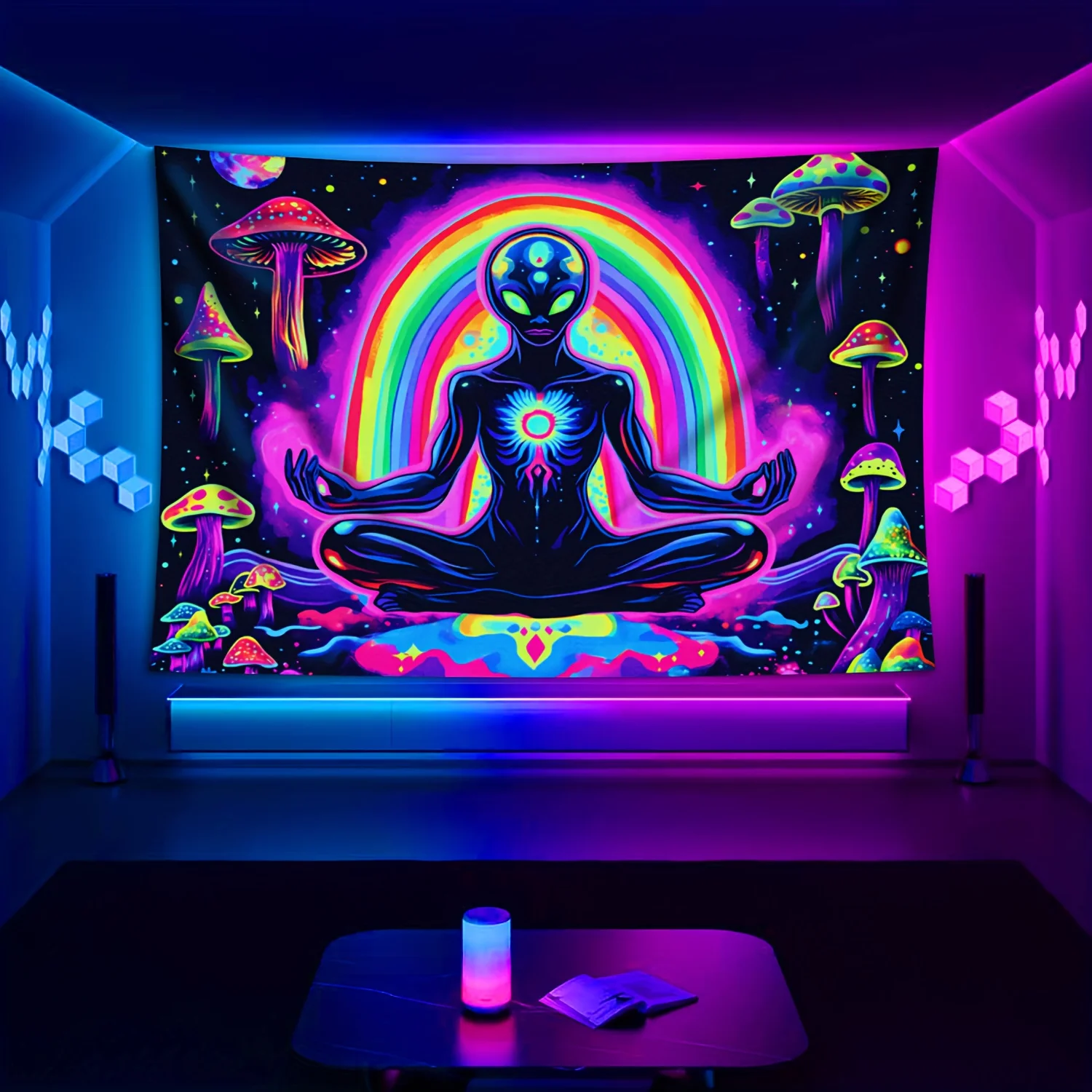 VIKAMA Neon Cosmic Meditation Tapisserie Glow Mushroom Gaming Room Bohemian Immersive Cyber Zen Art Dekoration