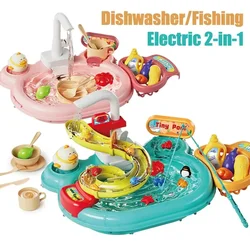 Dishwashing Basin Toys Children Puzzle Pretend Play Toys Gift Kitchen Interactive Toys 2-in-1 Slide Fishing Montessori Toys