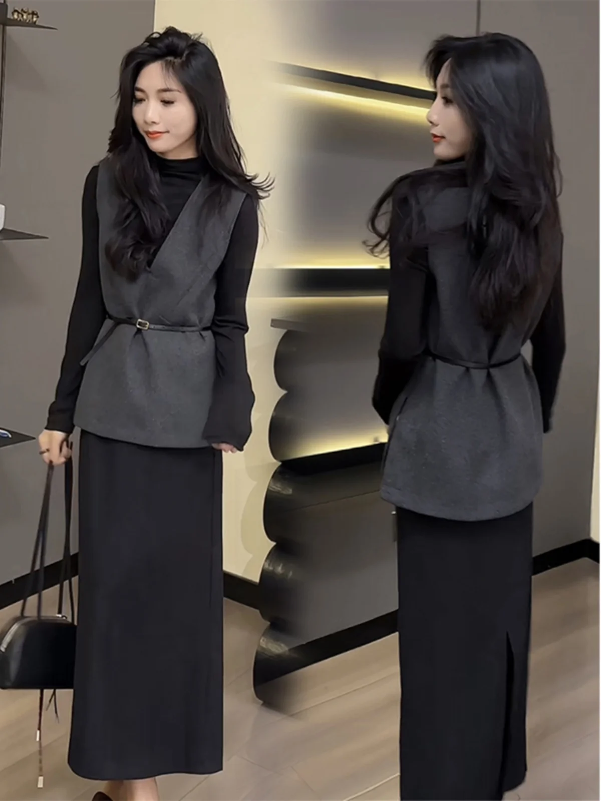 

Spring Fashion Women's Three-Piece Set Waist-Cinching Vest Base Shirt Split High-Waisted Skirt Elegant Style Casual Wear