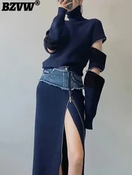 BZVW 2024 Autumn Zip Open Sleeve Design High Neck Sweater Denim Patchwork Long Skirt Set Women's Two Piece Fashion New 25X3219