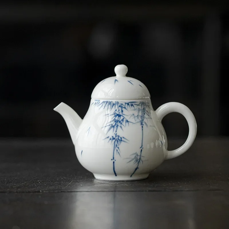 150ML Jade Mud White Porcelain Hand-painted Blue and White Bamboo Teapot Kung Fu Tea Set Ball-hole Filtering Teapot for Brewing