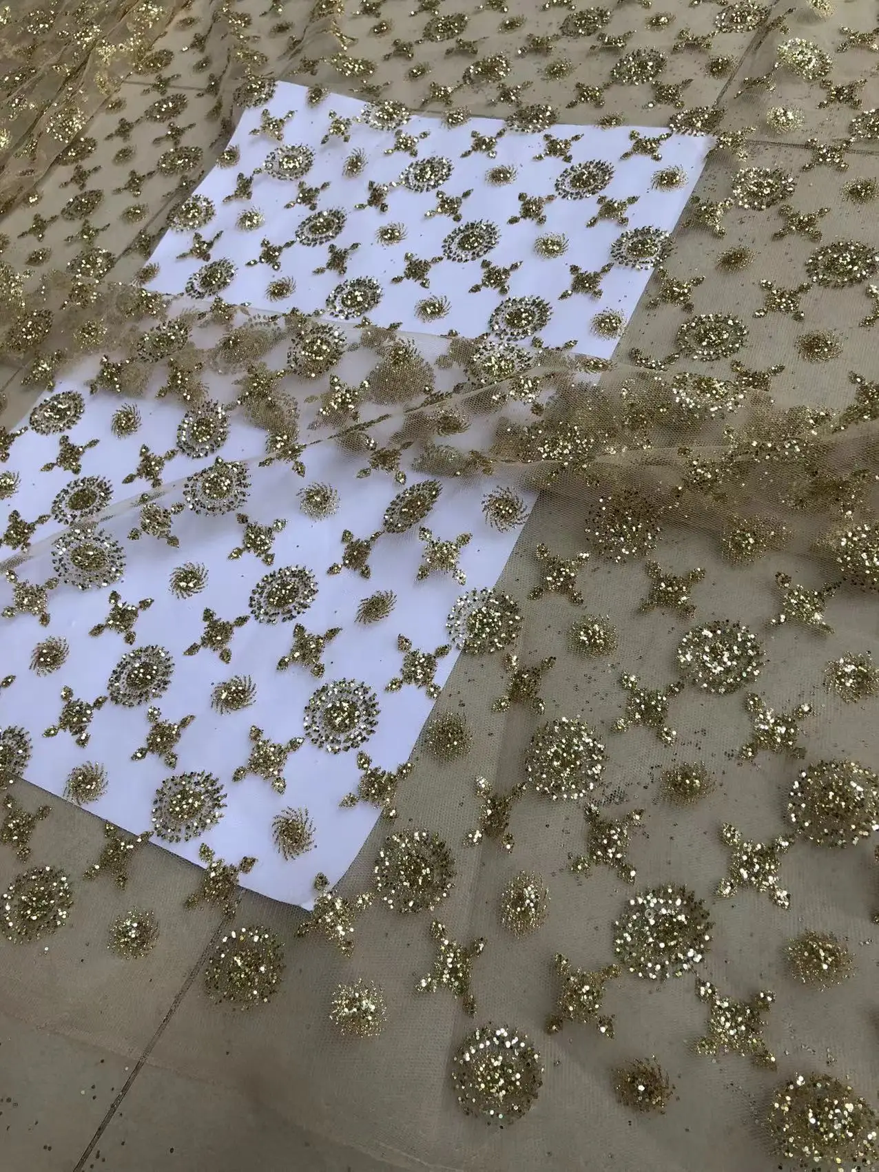 SU 504 Hot Selling Gold African Tulle Net Lace Fabric  For Party Dress Tulle Lace Fabric With Glued Glitte