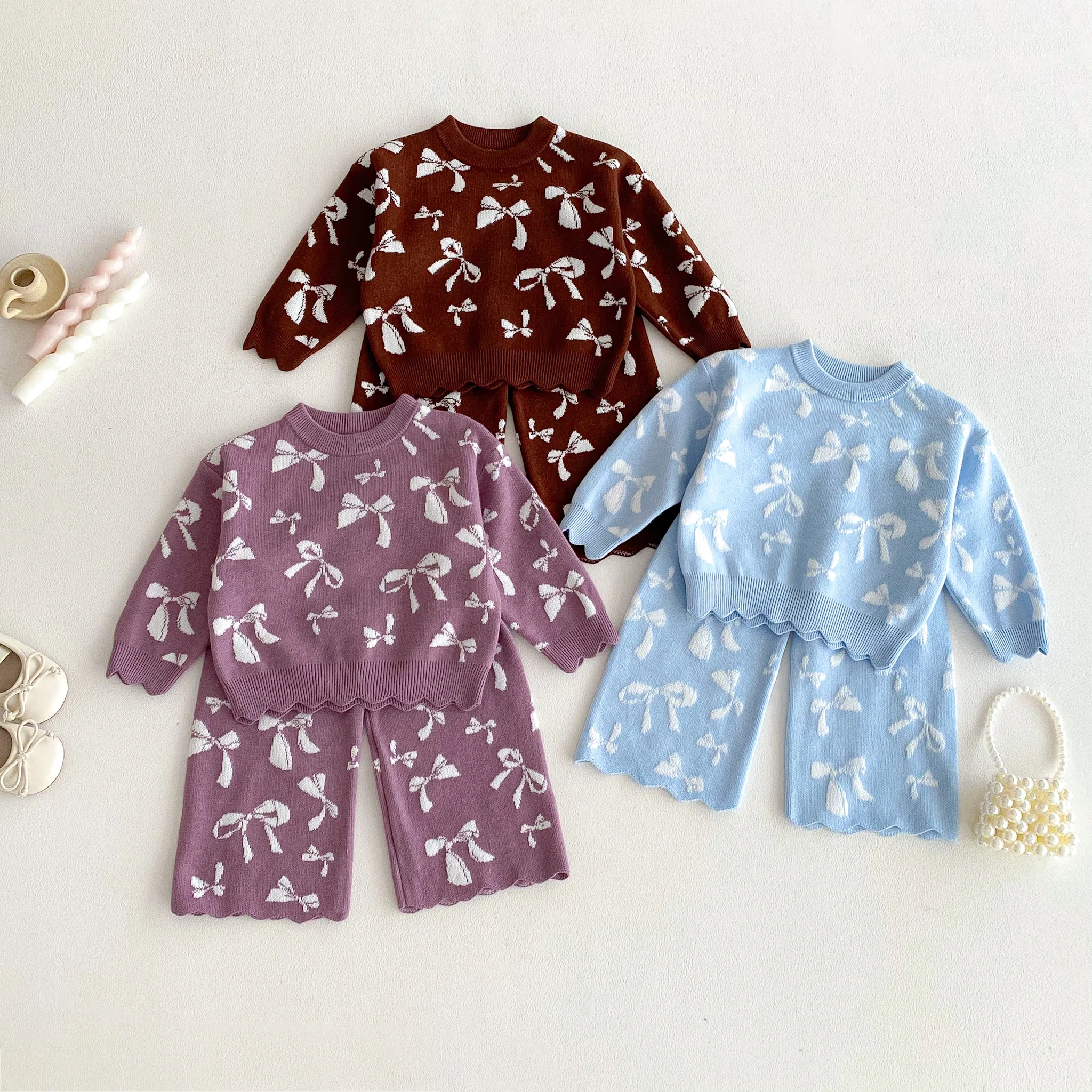 Korean-style 2026 Spring and Autumn Girls' Knit Sweater Set with Bow Pants, Two-piece Outfit for baby Girls