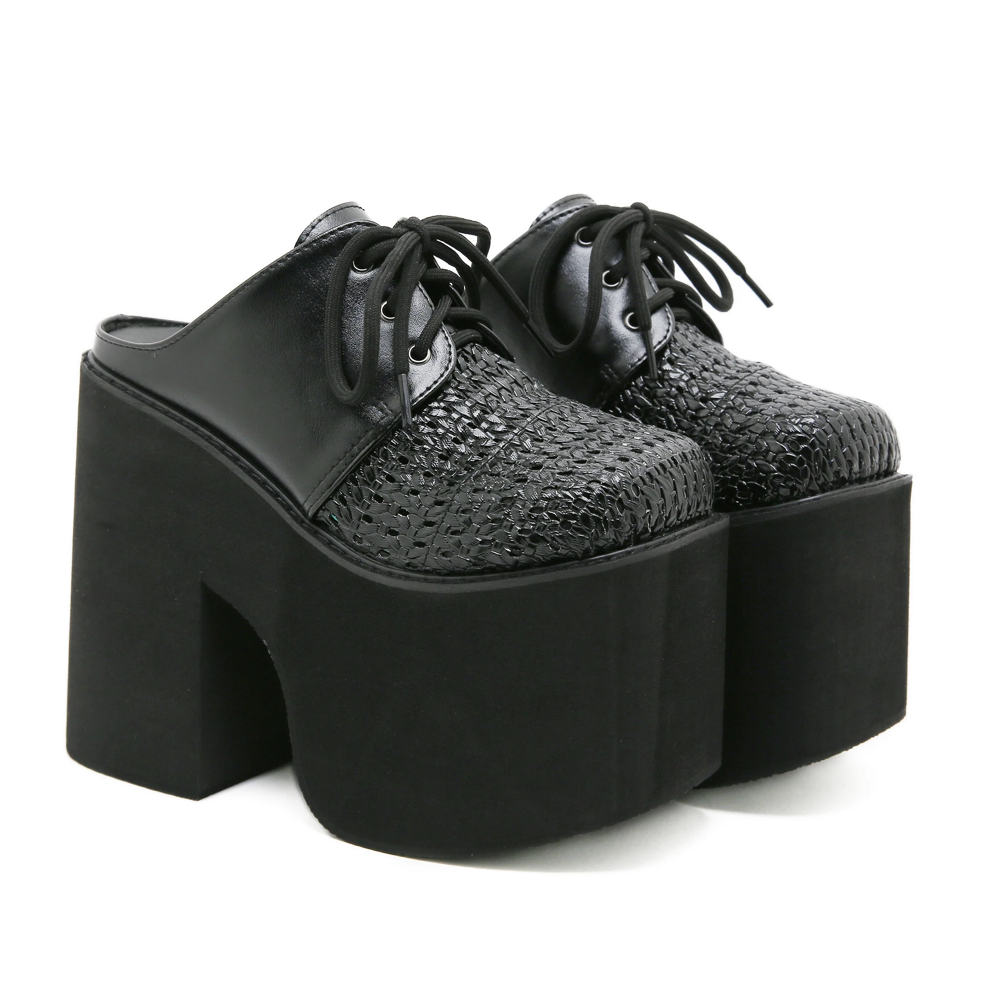 Gdgydh Damen Mules Schnür-Plateau-Sandalen für Frauen, klobiger Absatz, ausgehöhlte High-Heels-Schuhe, Keilabsatz, Sommer-Slingback-Schuh – Detail 6