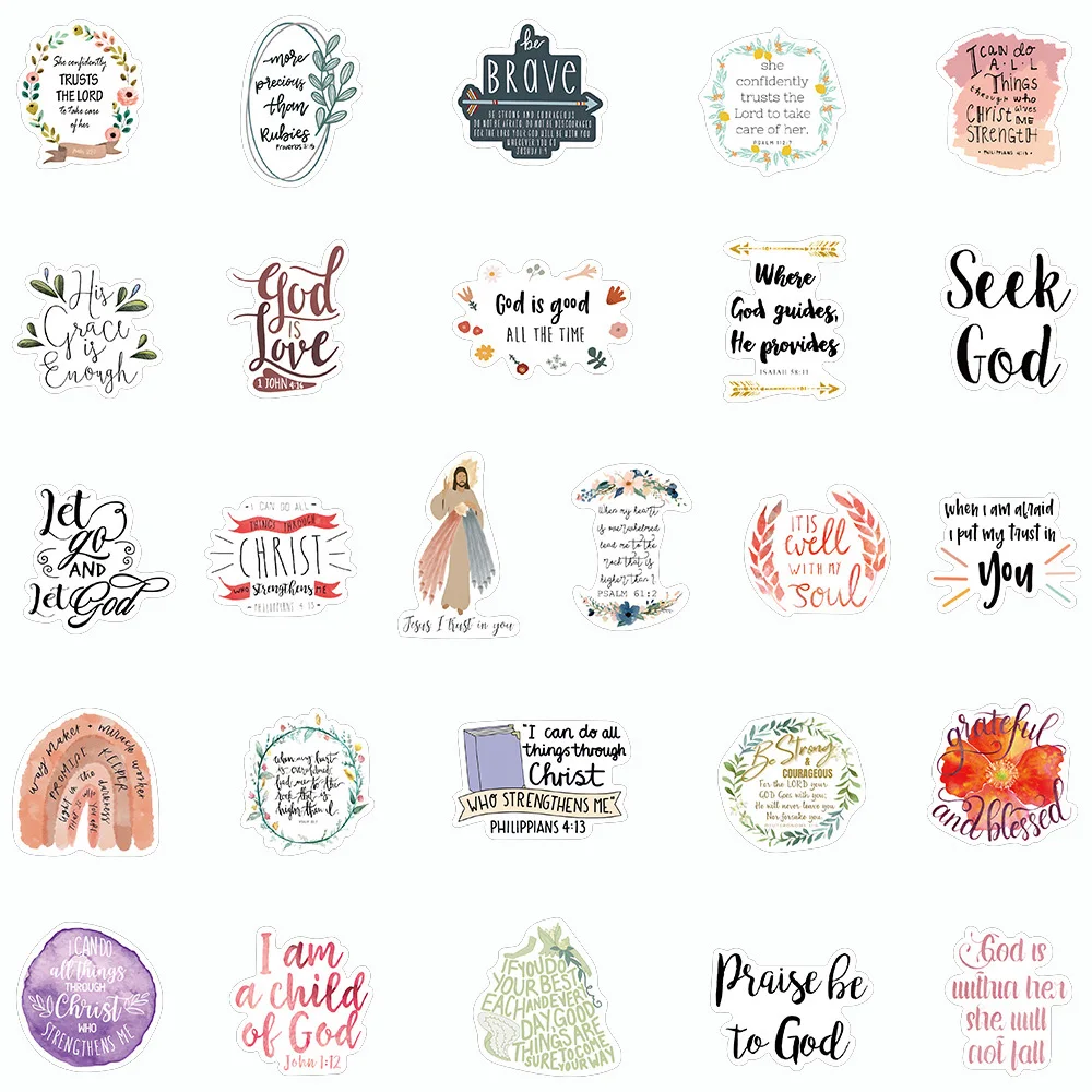 10/30/50pcs Cartoon Jesus Bible Stickers Aesthetic Bible Verse Faith Decals DIY Skateboard Luggage Phone Decoration Sticker Pack